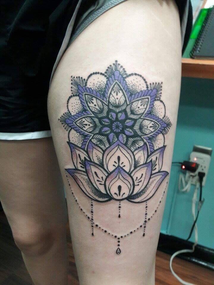 Mandala lotus tattoo with dotwork shading